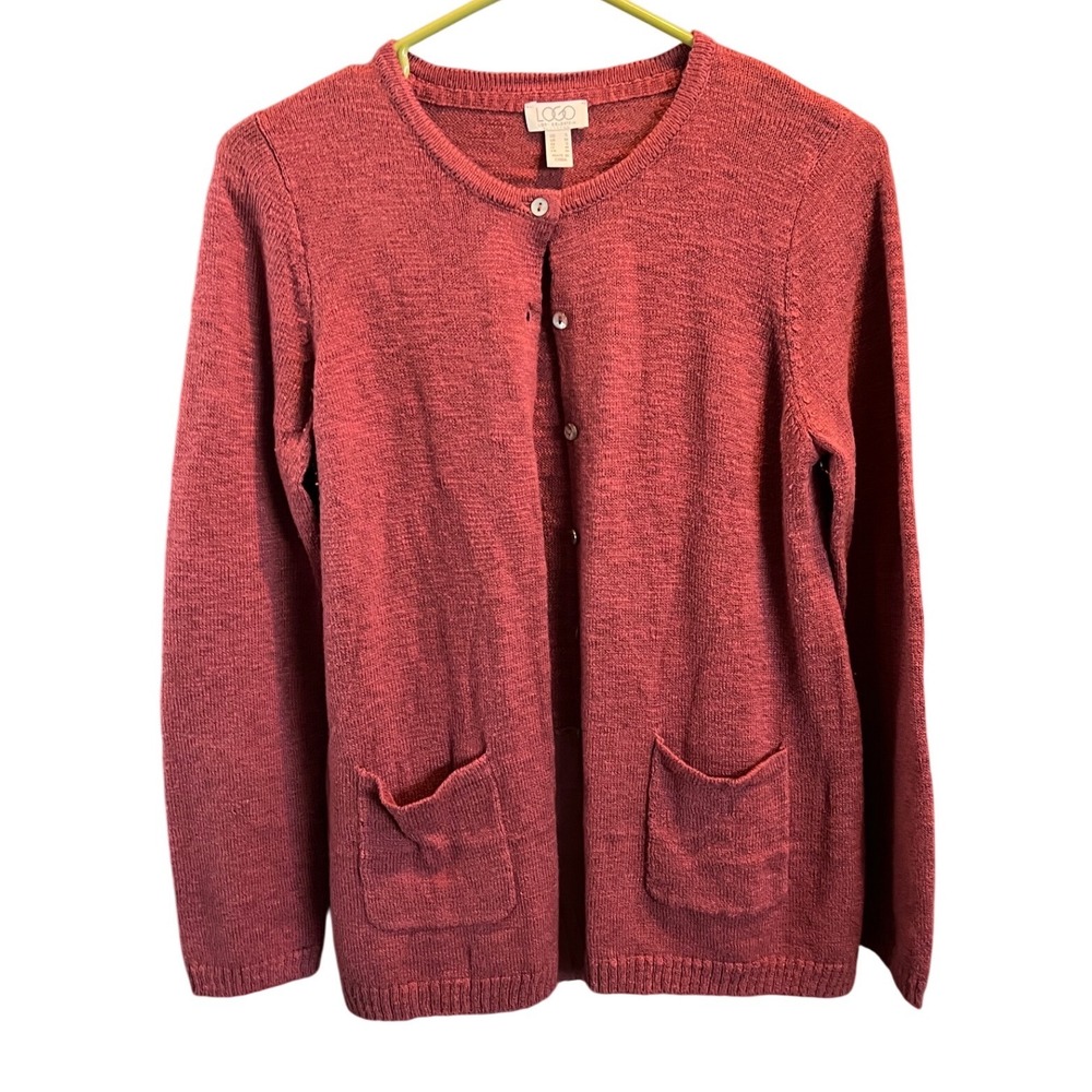 LOGO by Lori Goldstein Mixed Media Cardigan Sweater Rose Red Womens SM A290262